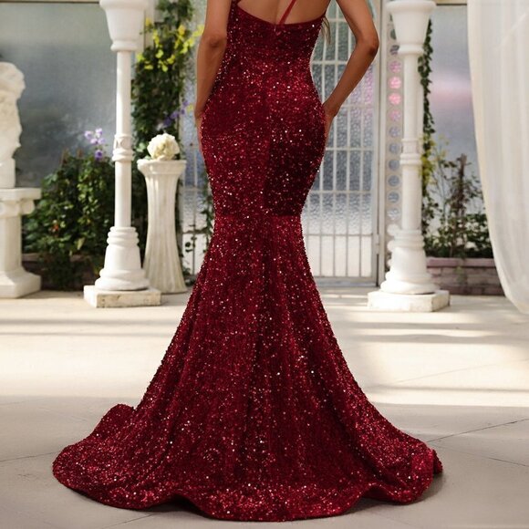 Burgundy Preppy Womens One Shoulder Mermaid Hem Sequin Formal Dress - Picture 2 of 5